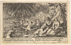 Le début du Déluge : hommes et femmes grimpent vers des hauteurs à droite, l