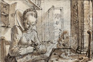 Une jeune femme à la mode assise à une table de cuisine pour écaler des noix - Crispin I de Passe