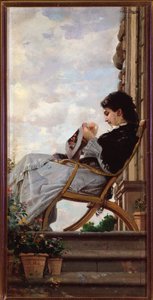 Femme cousant sur la terrasse