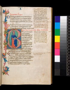 Ms 325. Lucain, Bellum Civile, et autres œuvres, f.10r. Initiale illuminée [B], habitée par un portrait d