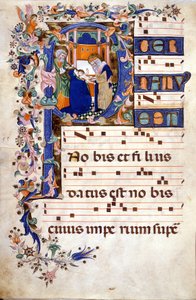 La circoncision du Christ dans une lettrine P. Partition (Choral) du 15e siècle par Cristoforo Cortese (première moitié du 15e siècle). Biblioteca Brera, Milan