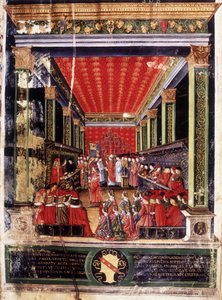 Investiture de Ludovic Marie Sforza dit le More (Ludovico Maria Sforza detto il Moro) (1452-1508) - enluminure du Missel du cardinal Arcimboldi, réalisée par le célèbre miniaturiste Cristoforo de Predis. Biblioteca Capitolare, Milan.