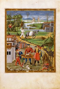 Influence de la Lune : scène de pêche, chasse et agriculture (miniature, c.1470) - Cristoforo De Predis