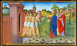 Jésus et les lépreux. Miniature de Cristoforo par Predis - dans Historia del nuovo testamento