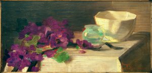 Nature morte avec anémones, vase en verre et bol en porcelaine