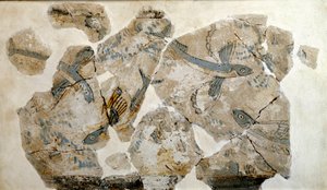 Art cycladique : fragment de fresque représentant des poissons volants (hirondelles de mer). du site de Phylakopi (île de Melos) 2500 av. J.-C. Dim. 23 cm Athènes, musée archéologique national - Cycladic