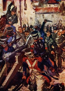 La brigade de fusiliers nettoyant un village (lithographie en couleur) - Cyrus Cuneo