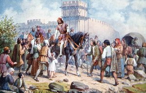 Charles IV saluant les gens ordinaires lors de son expansion des fortifications de Prague en 1361, carte postale du début du XXe siècle