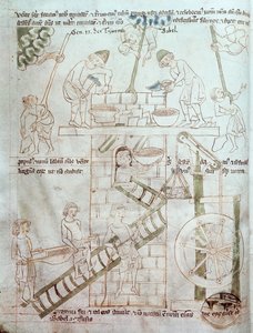 Ms 23 C 124 fol.3 La Construction de la Tour de Babel, de la Bible de Velislav, vers 1340 - Czech School