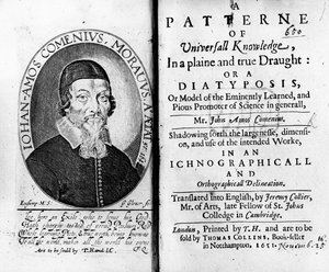 Page de titre et frontispice de A Patterne of Universall Knowledge, incluant un portrait de Jan Amos Komensky, gravé par George Glover, 1651