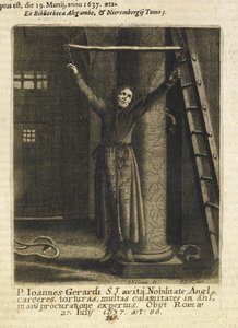 John Gerard, prêtre jésuite anglais, suspendu par des chaînes sur le mur du donjon de la Tour de Londres