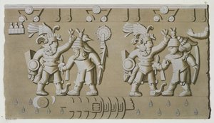 Bas-Relief de Guerriers Aztèques Anciens, de la Pierre de Tizoc Commemorant un Souverain Tenant ses Captifs par la Tête