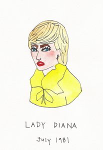 Lady Diana, 2017 (encre de Chine jaune, rouge, bleue et brune avec stylo-feutre sur papier)