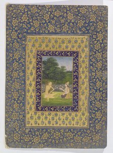 Layla lisant à Majnun, qui est assis sous un arbre près d