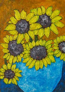 Des tournesols dans un vase bleu - Dale Hefer & Family