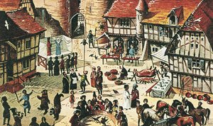 Foire médiévale (lithographie couleur)