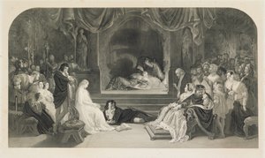 La Scène de la Pièce, Acte III, Scène II de Hamlet de William Shakespeare, gravée par Charles W. Sharpe - Daniel (after) Maclise