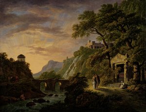 Paysage arcadien avec soleil couchant