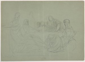 Dessin, Marie lavant les pieds du Christ, plusieurs hommes assis à une table ; verso : notes, 1852 - Daniel Huntington