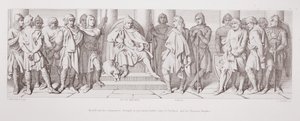 Harold et ses compagnons amenés, en tant que prisonniers, devant Guy de Ponthieu et ses chevaliers normands, de 