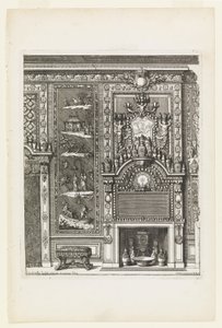 Design pour un mur de cheminée avec panneaux laqués et porcelaine