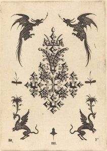 Broche avec pierres de table, dragons ailés en haut et griffons en bas - Daniel Mignot