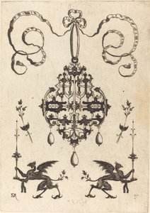 Grand pendentif, en bas à gauche et à droite deux griffons portant des chandeliers fantastiques - Daniel Mignot