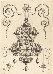 Grand pendentif avec deux doubles croix, entouré de six grandes et seize petites pierres de table