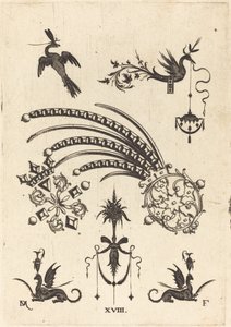 Deux broches avec oiseau et serpent ailé en haut et griffons avec vases en bas - Daniel Mignot
