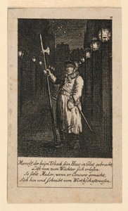 Un veilleur de nuit, illustration pour "Königl: Grosbrit [anische] Genealogischer Kalender auf das 1780 Jahr Lauenberg bey J.G. Berenberg" - Daniel Nikolaus Chodowiecki