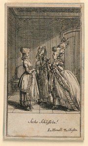 Une femme âgée grondant une fille, illustration de la pièce "Nicht mehr als sachs Schuesseln" de Fredrich Wilhelm Grossman dans "Königl: Grosbrit [anische] Genealogischer Kalender auf das 1782 Jahr Lauenberg bey J.G. Berenberg"