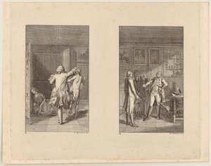 Le baron chasse Candide hors du château [à gauche] ; Candide, Cunégonde et la vieille femme devant le gouverneur de Buenos Aires [à droite] - Daniel Nikolaus Chodowiecki