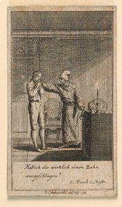 La gifle, illustration de la pièce "Nicht mehr als sachs Schuesseln" par Fredrich Wilhelm Grossman dans "Königl: Grosbrit [anische] Genealogischer Kalender auf das 1782 Jahr Lauenberg bey J.G. Berenberg" - Daniel Nikolaus Chodowiecki