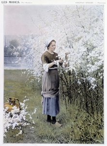 Printemps : Femme cueillant des fleurs - ill. par R. Knight, vers 1905 - Daniel Ridgway Knight