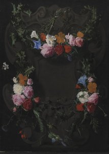 Cartouche en pierre avec une guirlande de fleurs