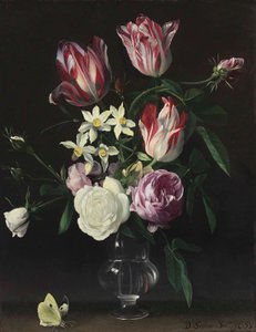 Roses, tulipes et narcisses dans un vase en verre, avec un papillon, sur une corniche - Daniel Seghers