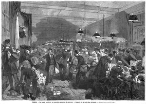Intérieur du bureau de poste de Paris pendant la première semaine de janvier, la salle des postiers, gravé par Fortune Louis Meaulle