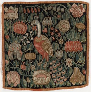 Coussin de tapisserie représentant un oiseau parmi des fleurs, fabriqué au Schleswig-Holstein, Danemark, vers 1690