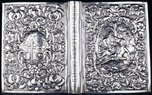 Couverture de livre avec feuillage et image du Bon Samaritain - Danish School