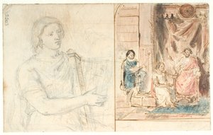 David jouant de la harpe pour Saul. À gauche : esquisse de la figure de David