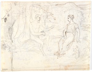 Un satyre avec une flûte et une jeune fille, assis dans une forêt - Dankvart Dreyer