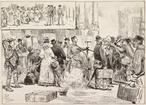 Fumigation contre le choléra à la gare, apprenti sur vélocipède, Rome, Italie, gravure d