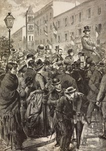 Le roi Umberto I et la reine Margherita revenant de leur visite à Naples frappée par le choléra, Rome, Italie, gravure d