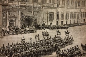 Ouverture du Parlement, arrivée du roi Umberto I à Montecitorio, Rome, Italie, gravure d