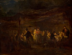 Un banquet du soir, soldats devant un château