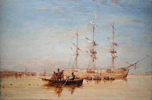 Un vaisseau de guerre au mouillage sur la Tamise