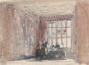 Une pièce Tudor avec des figures, peut-être Hardwick Hall ou Haddon Hall
