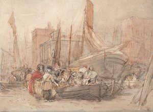 Scène de port, avec des bateaux de pêche en train d