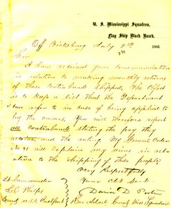 Lettre de David D. Porter, U. S. S. Black Hawk, au large de Vicksburg, à Seth Ledyard Phelps, commandant de l