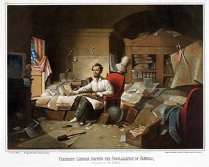 Le Président Lincoln, écrivant la Proclamation de la Liberté, 1er janvier 1863